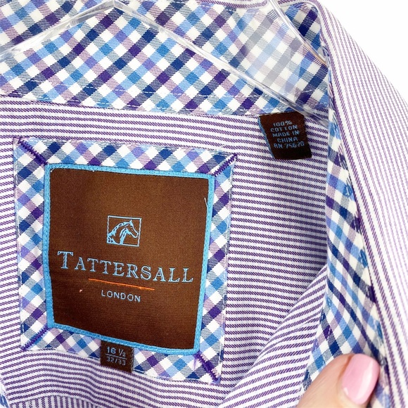 Tattersall London Purple Striped Button Down 16.5” - Picture 3 of 4